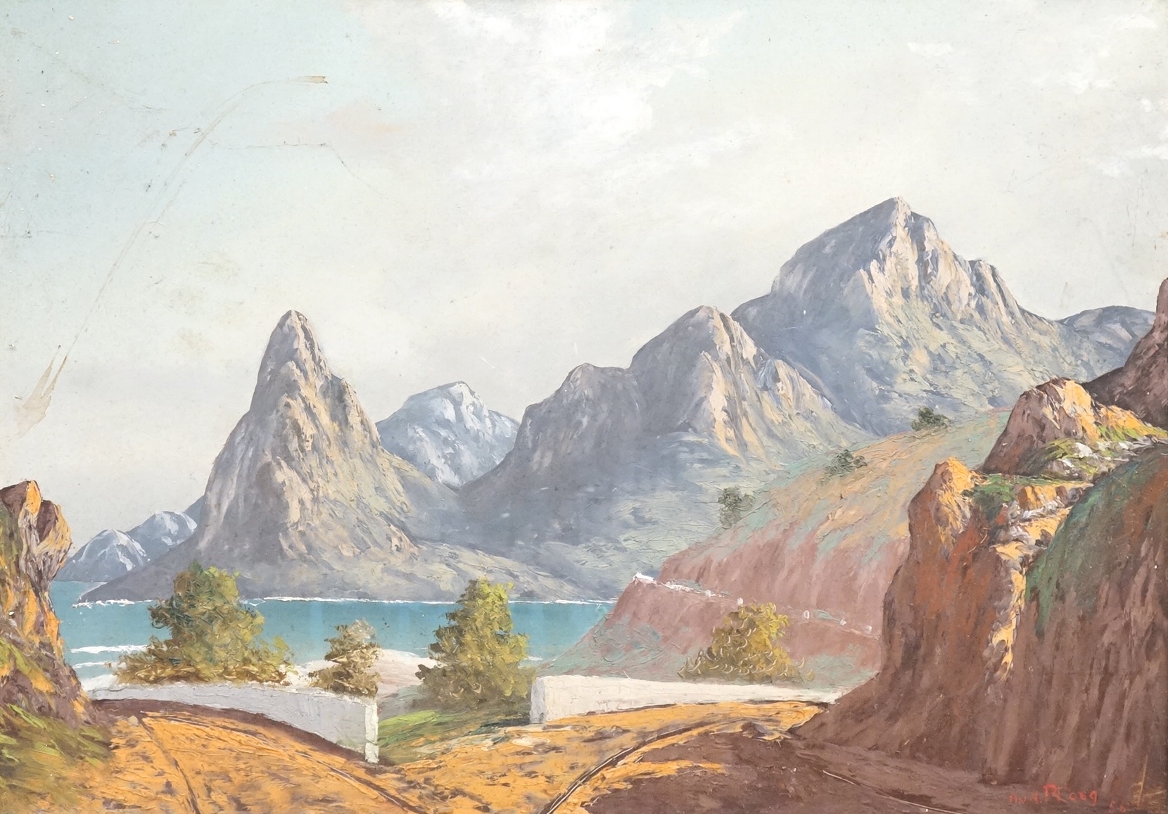 A V D Ploeg, Continental mountainous landscape, signed, oil on board, 37 x 53cm